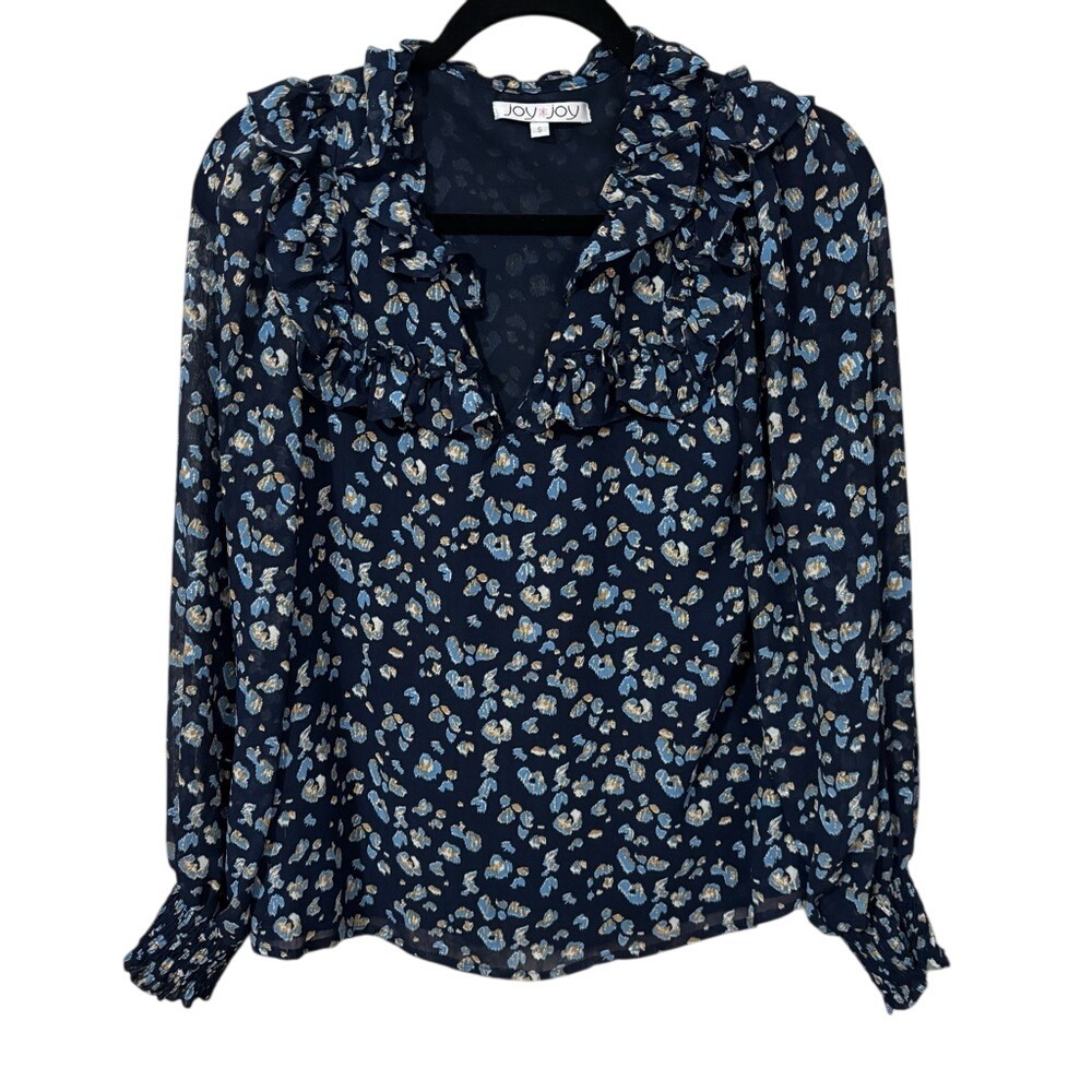 Joy Joy Blouse Womens Small Navy Blue Abstract Floral Ruffle V-Neck Smocked Cuff